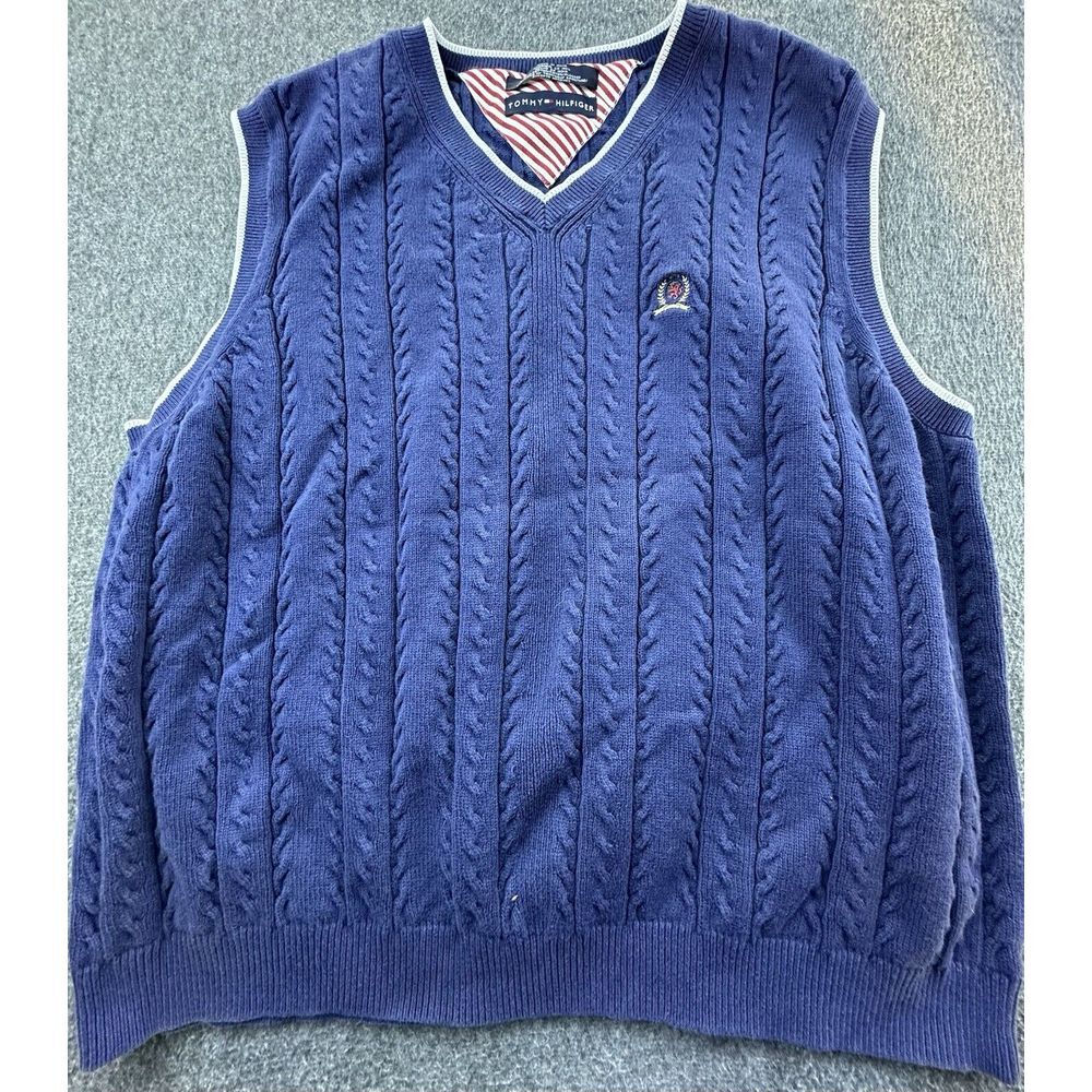 Tommy Hilfiger Sweater Vest Mens Large Navy V-Neck Cable Knit‎ Cotton Logo